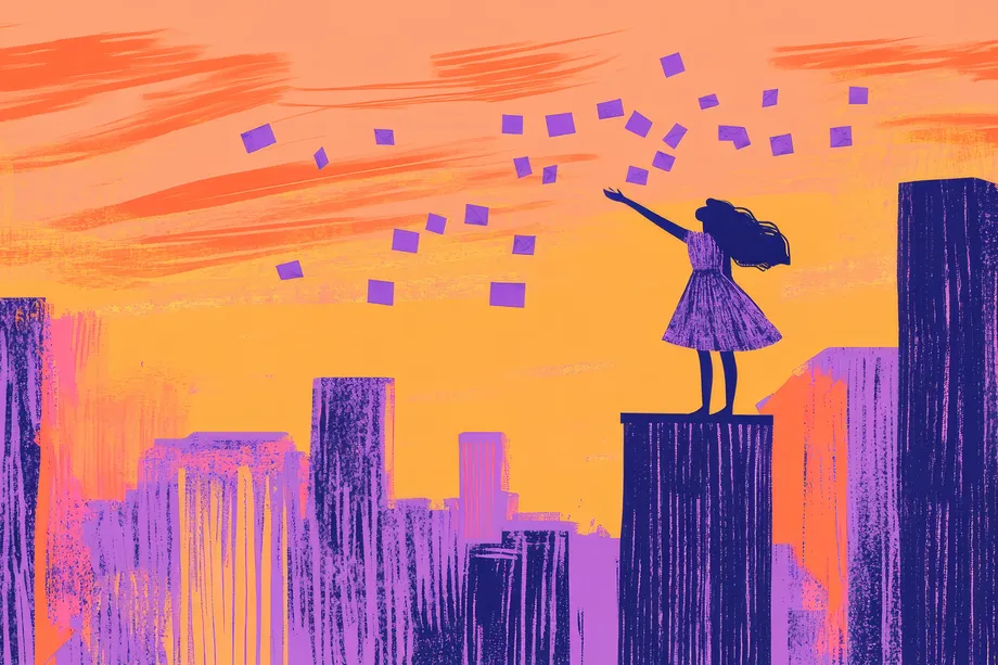 Silhouette of a girl standing on a rooftop, releasing papers into a vibrant orange and purple sky