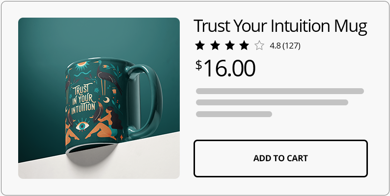 Illustrative storefront showing a finished mug image, product information and an Add to cart button
