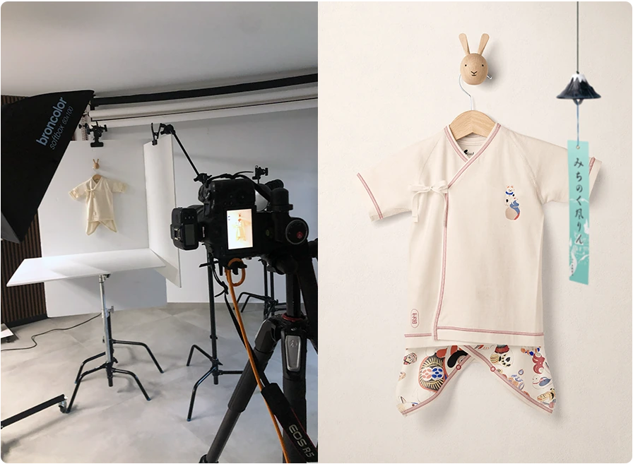 A studio shoot of baby clothing and the resulting styled garment mockup