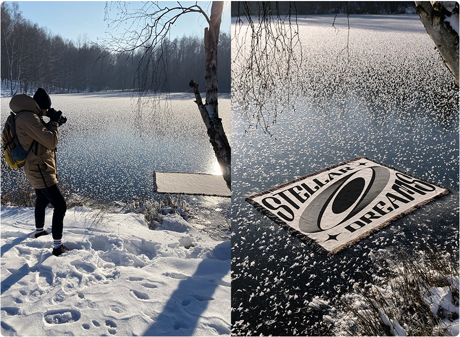 An outdoor blanket photo shoot beside a snowy lake and the resulting blanket mockup
