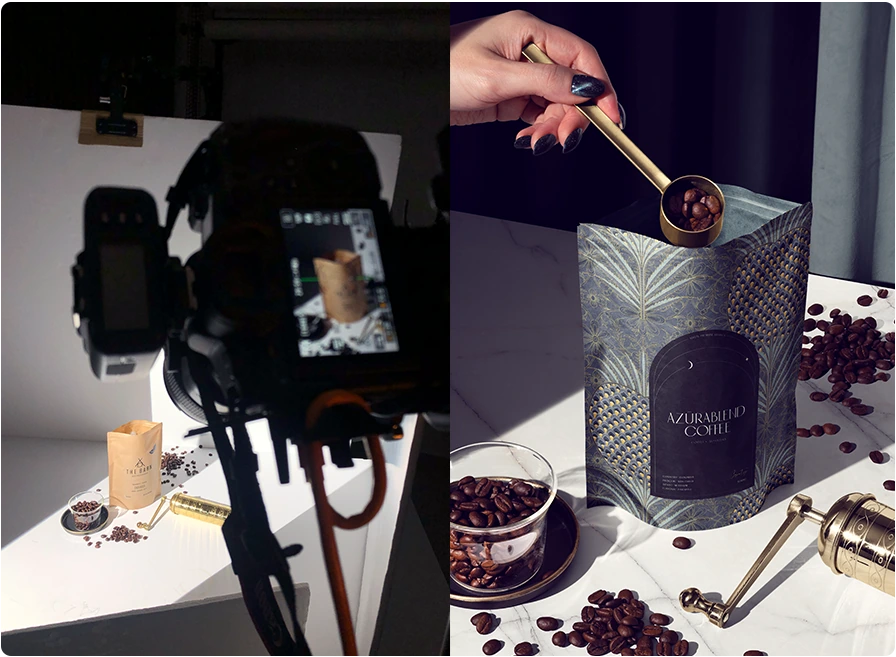 A coffee packaging studio shoot and the resulting branded coffee bag mockup