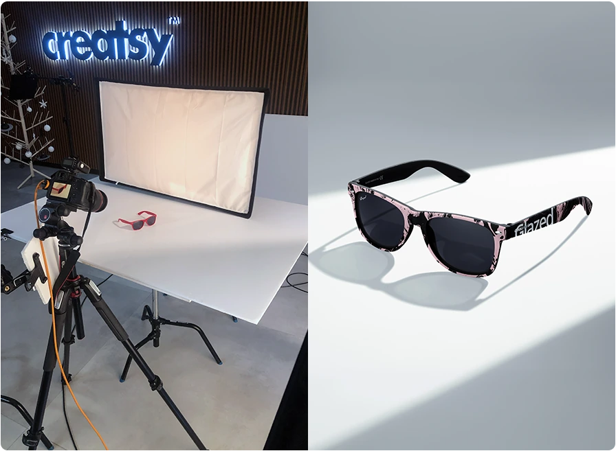 A Creatsy studio photography setup and the resulting sunglasses mockup