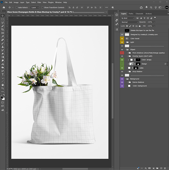 The tote bag mockup open in Photoshop with its editable layers