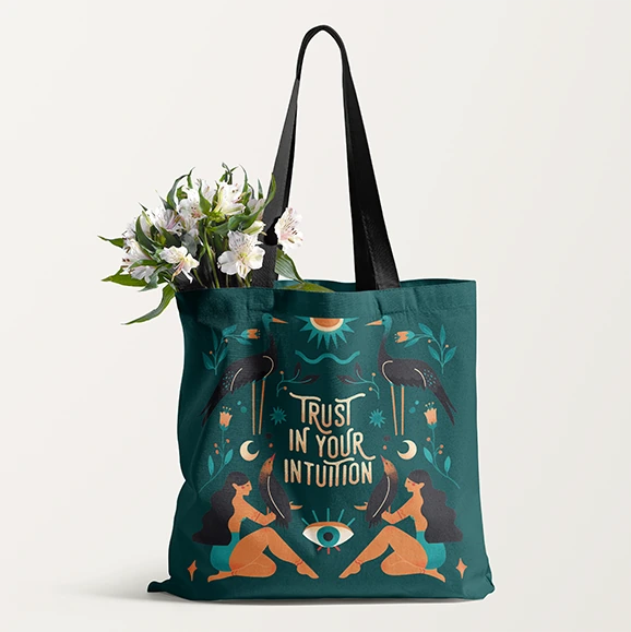 Finished tote bag preview displaying a green illustration